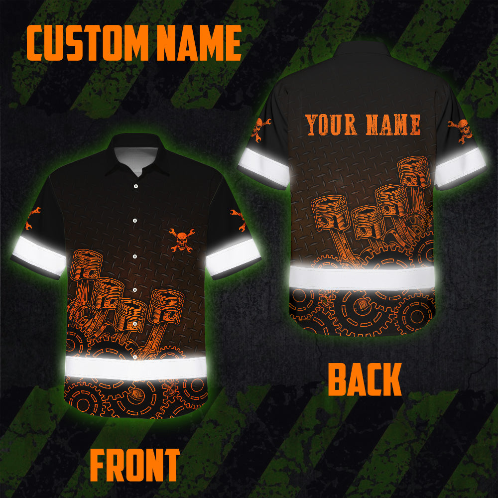 Hi Vis Hawaiian Shirt Reflective Tapes Orange Neon Mechanic 3 Custom Name Safety Workwear For Mechanists, Workers, Truckers, Operators