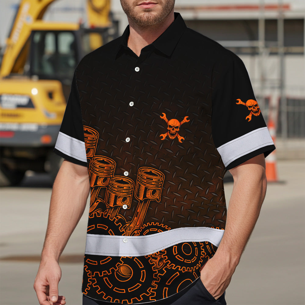 Hi Vis Hawaiian Shirt Reflective Tapes Orange Neon Mechanic 3 Custom Name Safety Workwear For Mechanists, Workers, Truckers, Operators
