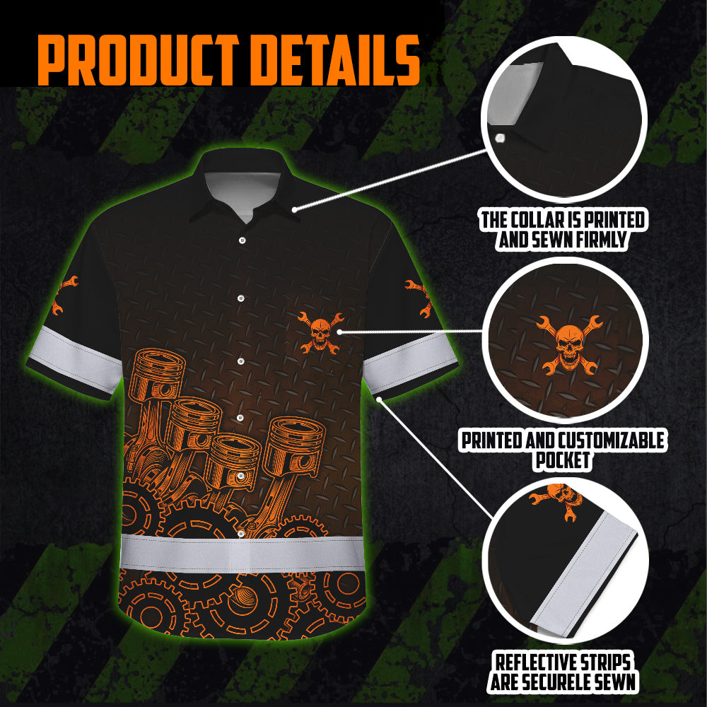 Hi Vis Hawaiian Shirt Reflective Tapes Orange Neon Mechanic 3 Custom Name Safety Workwear For Mechanists, Workers, Truckers, Operators