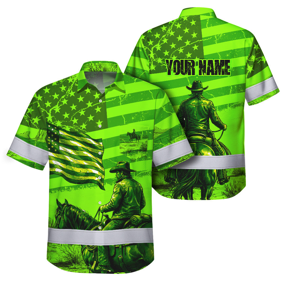 Hi Vis Hawaiian Shirt Reflective Tapes Green Neon US Cowboy Custom Name Safety Workwear For Mechanics, Workers, Truckers, Operators