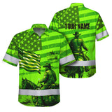 Hi Vis Hawaiian Shirt Reflective Tapes Green Neon US Cowboy Custom Name Safety Workwear For Mechanics, Workers, Truckers, Operators