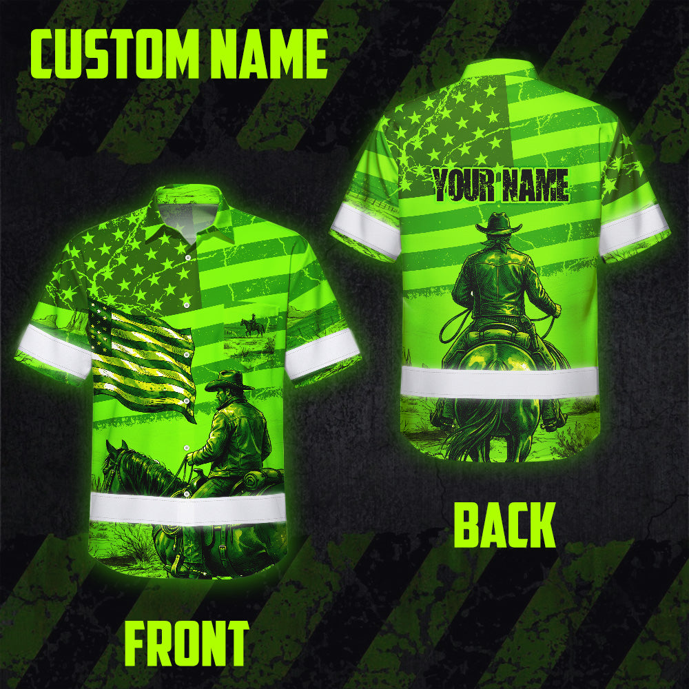 Hi Vis Hawaiian Shirt Reflective Tapes Green Neon US Cowboy Custom Name Safety Workwear For Mechanics, Workers, Truckers, Operators