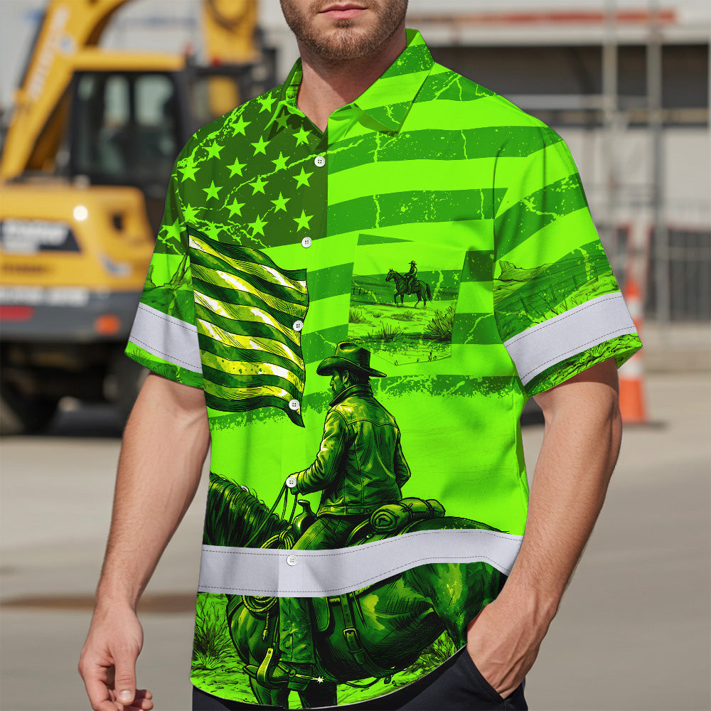 Hi Vis Hawaiian Shirt Reflective Tapes Green Neon US Cowboy Custom Name Safety Workwear For Mechanics, Workers, Truckers, Operators