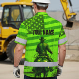 Hi Vis Hawaiian Shirt Reflective Tapes Green Neon US Cowboy Custom Name Safety Workwear For Mechanics, Workers, Truckers, Operators