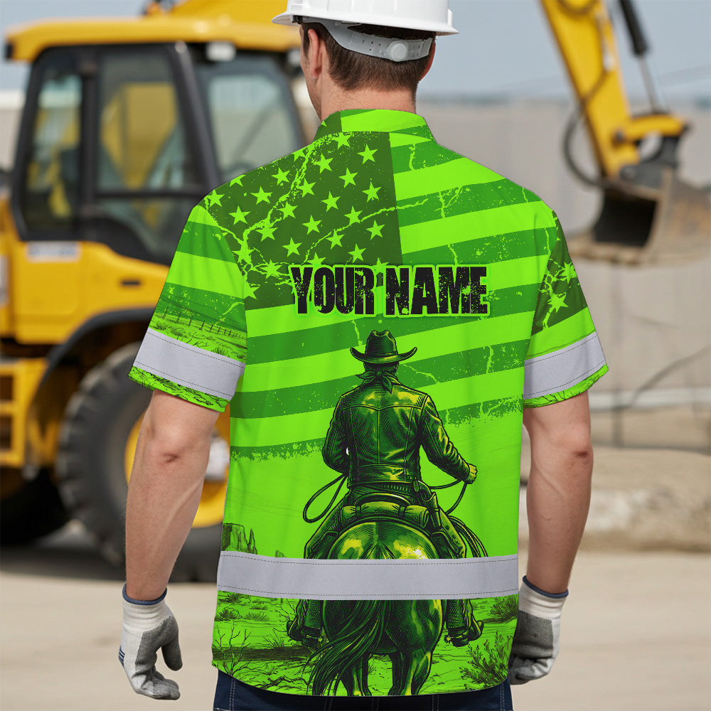 Hi Vis Hawaiian Shirt Reflective Tapes Green Neon US Cowboy Custom Name Safety Workwear For Mechanics, Workers, Truckers, Operators
