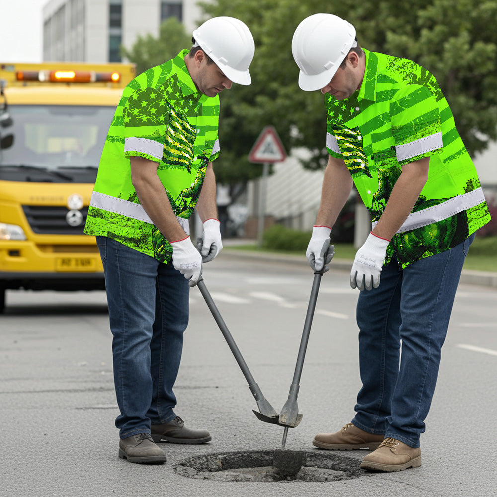 Hi Vis Hawaiian Shirt Reflective Tapes Green Neon US Cowboy Custom Name Safety Workwear For Mechanics, Workers, Truckers, Operators