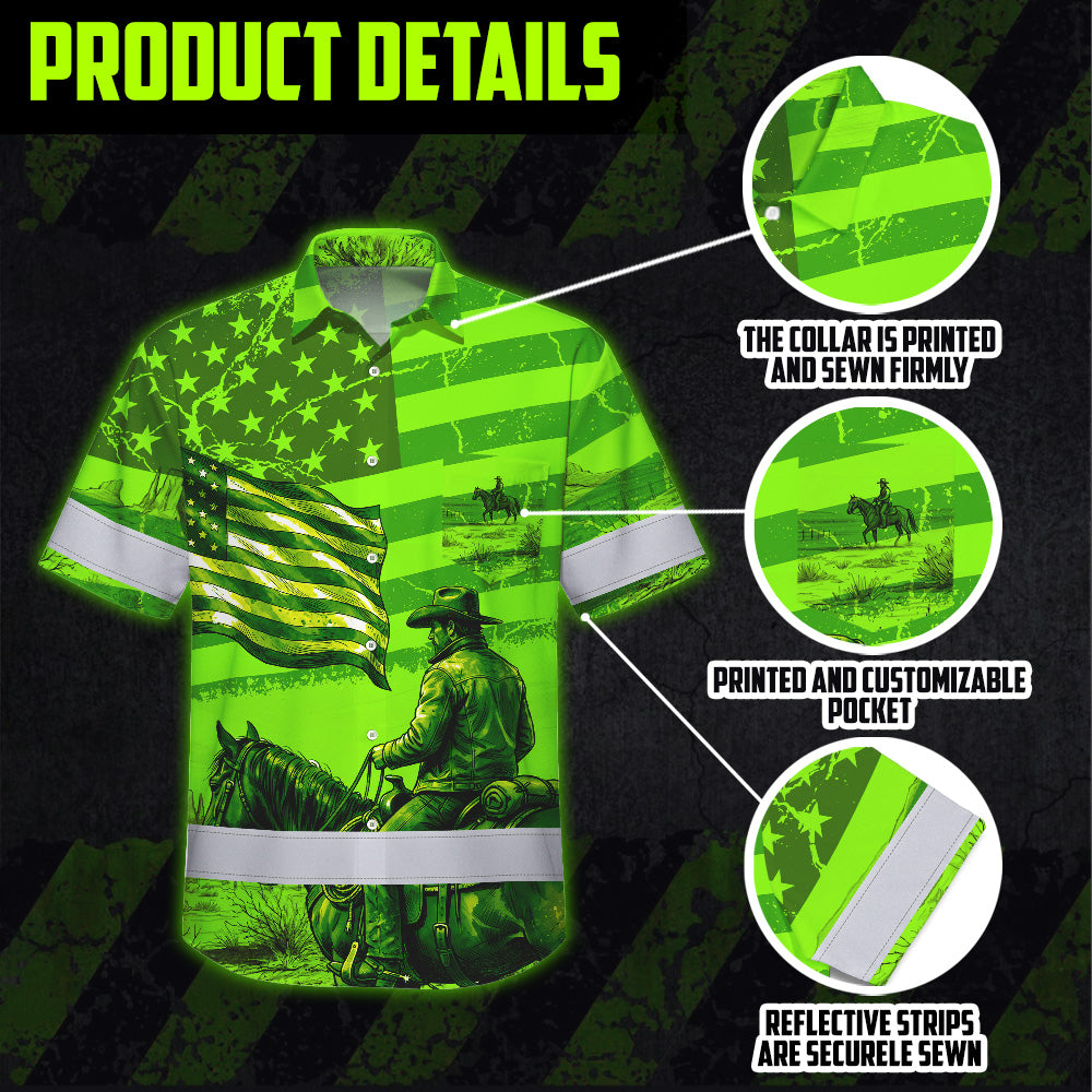 Hi Vis Hawaiian Shirt Reflective Tapes Green Neon US Cowboy Custom Name Safety Workwear For Mechanics, Workers, Truckers, Operators