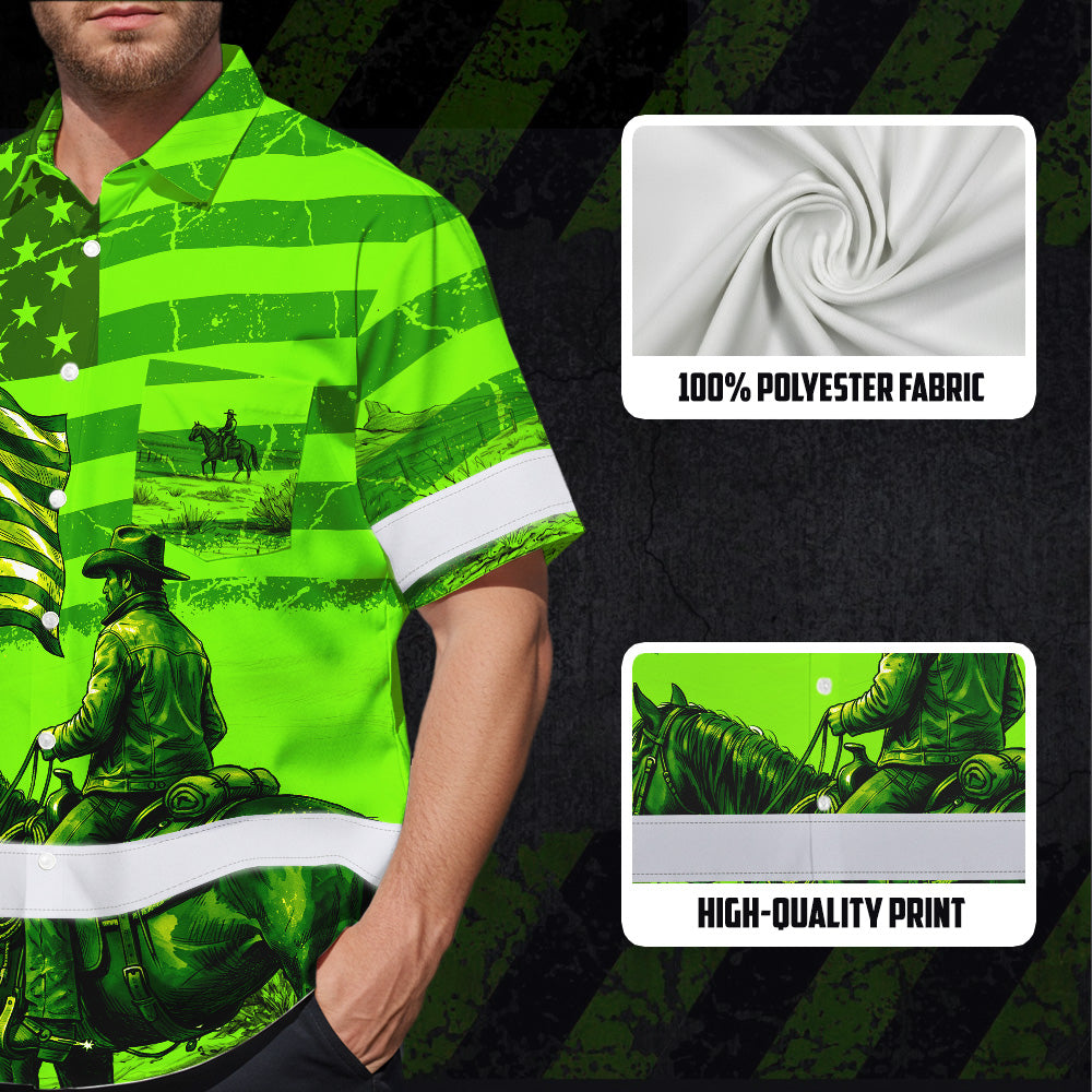 Hi Vis Hawaiian Shirt Reflective Tapes Green Neon US Cowboy Custom Name Safety Workwear For Mechanics, Workers, Truckers, Operators