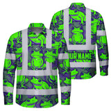 Hi Vis Hawaiian Long Sleeve Shirt Reflective Tapes Green Neon Violet Frog Custom Name Safety Workwear For Workers, Truckers, Operators