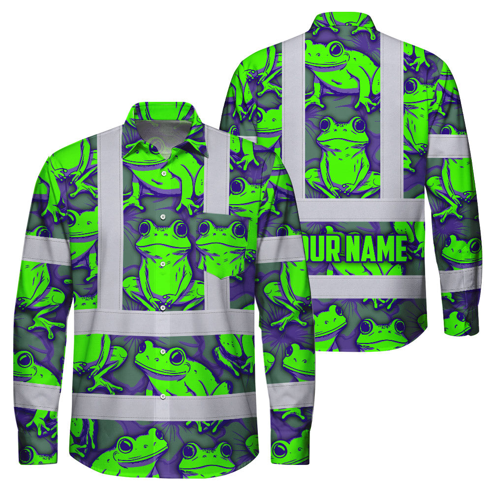 Hi Vis Hawaiian Long Sleeve Shirt Reflective Tapes Green Neon Violet Frog Custom Name Safety Workwear For Workers, Truckers, Operators