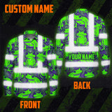 Hi Vis Hawaiian Long Sleeve Shirt Reflective Tapes Green Neon Violet Frog Custom Name Safety Workwear For Workers, Truckers, Operators