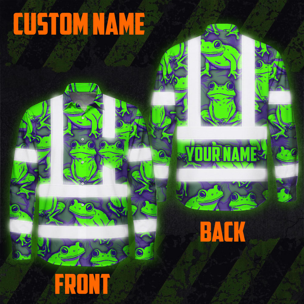 Hi Vis Hawaiian Long Sleeve Shirt Reflective Tapes Green Neon Violet Frog Custom Name Safety Workwear For Workers, Truckers, Operators