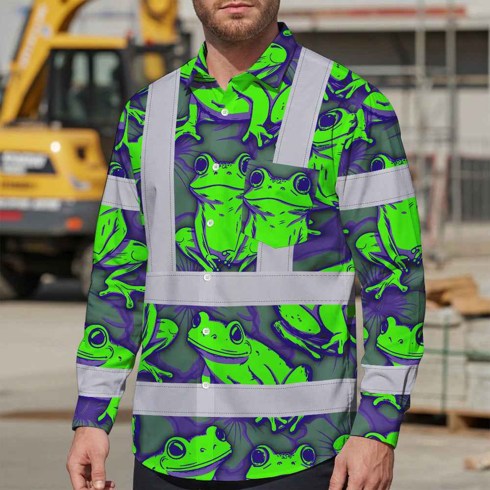 Hi Vis Hawaiian Long Sleeve Shirt Reflective Tapes Green Neon Violet Frog Custom Name Safety Workwear For Workers, Truckers, Operators