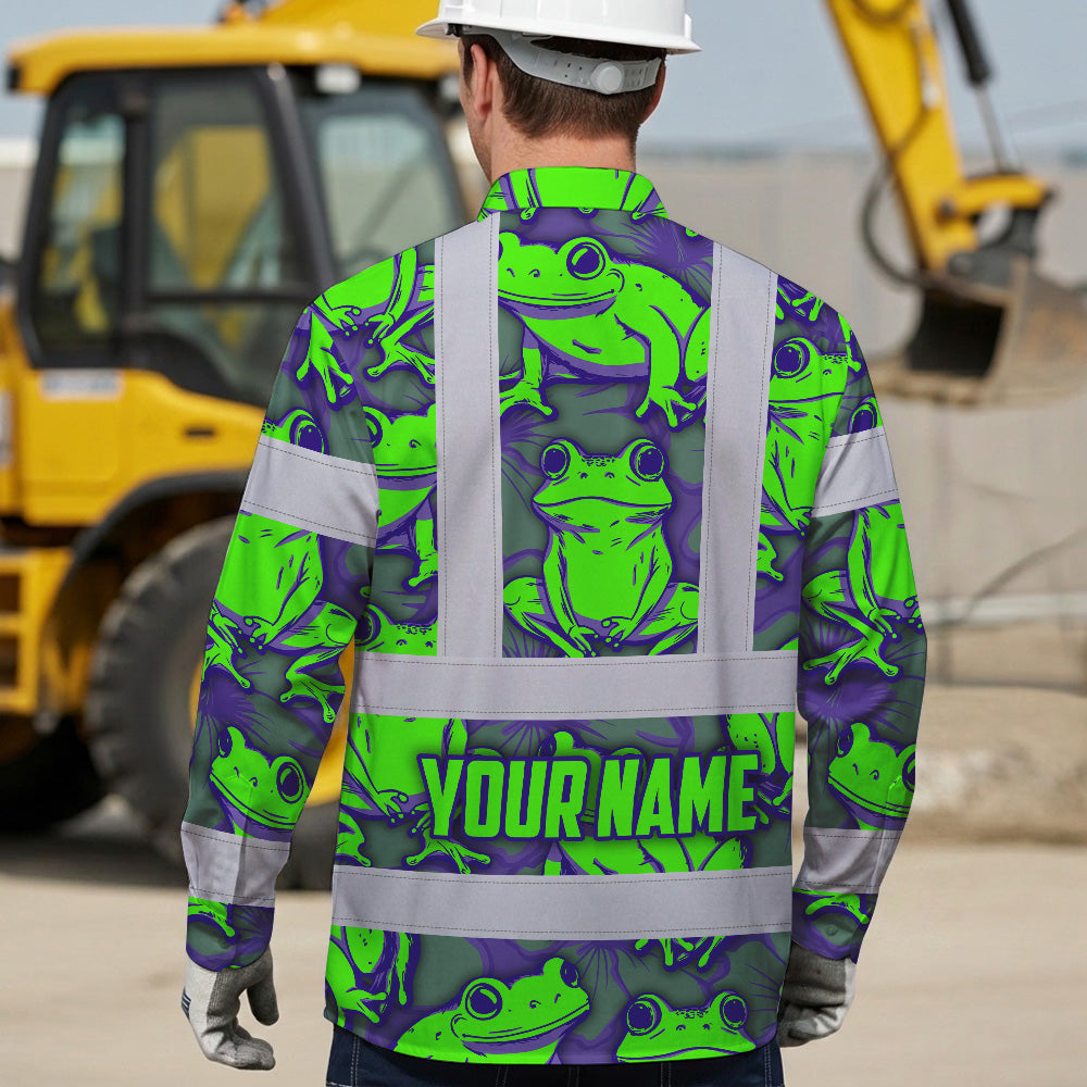 Hi Vis Hawaiian Long Sleeve Shirt Reflective Tapes Green Neon Violet Frog Custom Name Safety Workwear For Workers, Truckers, Operators