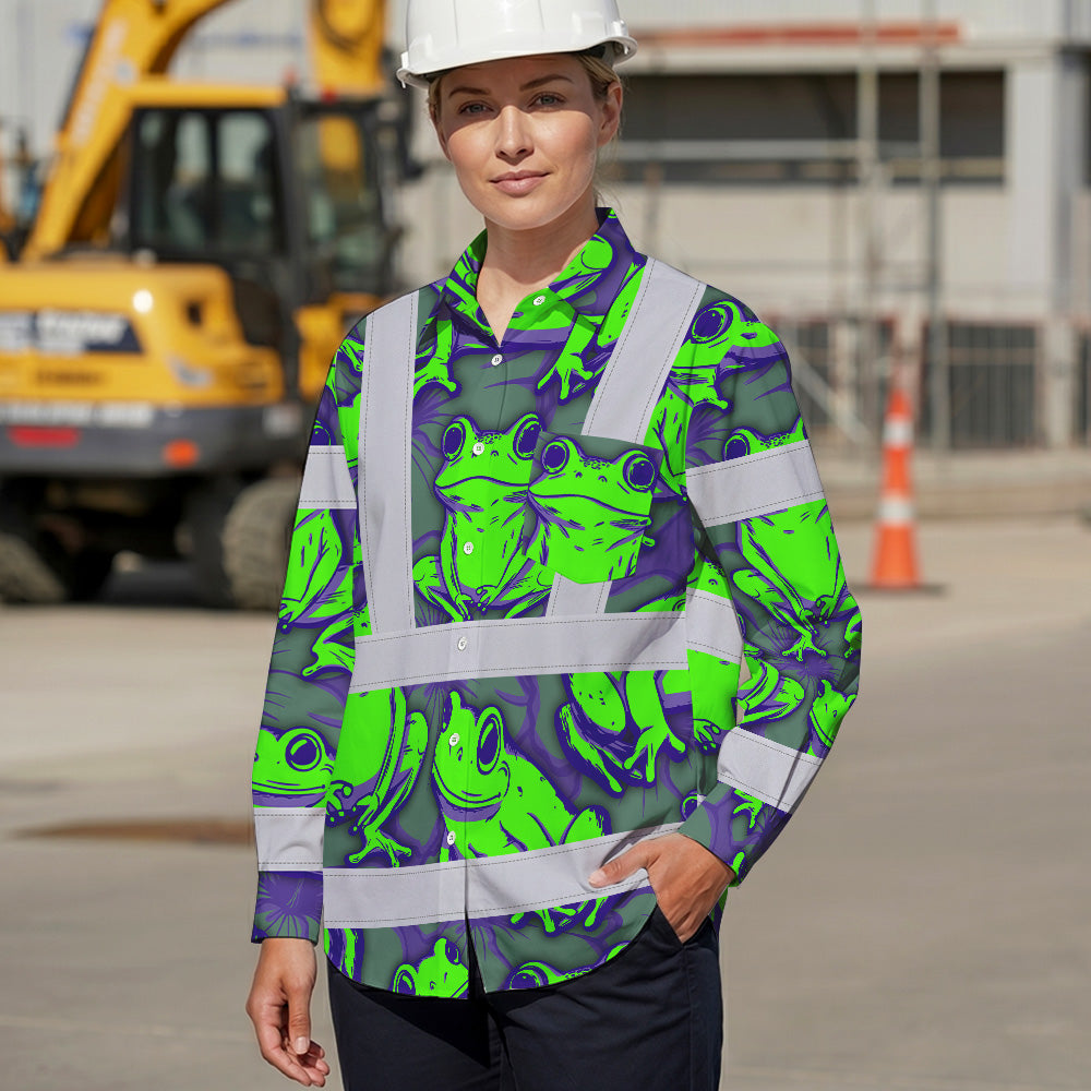 Hi Vis Hawaiian Long Sleeve Shirt Reflective Tapes Green Neon Violet Frog Custom Name Safety Workwear For Workers, Truckers, Operators