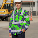 Hi Vis Hawaiian Long Sleeve Shirt Reflective Tapes Green Neon Violet Frog Custom Name Safety Workwear For Workers, Truckers, Operators