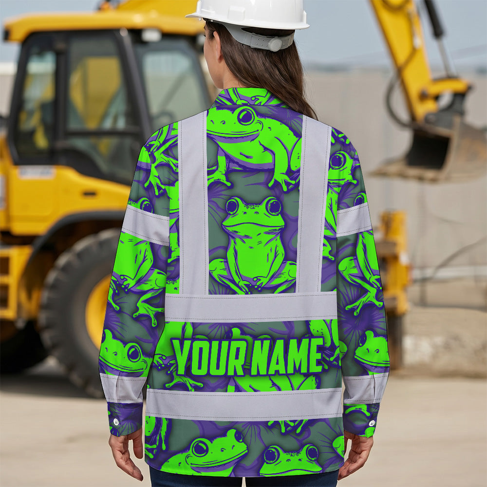 Hi Vis Hawaiian Long Sleeve Shirt Reflective Tapes Green Neon Violet Frog Custom Name Safety Workwear For Workers, Truckers, Operators