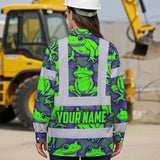 Hi Vis Hawaiian Long Sleeve Shirt Reflective Tapes Green Neon Violet Frog Custom Name Safety Workwear For Workers, Truckers, Operators