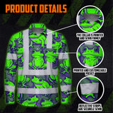 Hi Vis Hawaiian Long Sleeve Shirt Reflective Tapes Green Neon Violet Frog Custom Name Safety Workwear For Workers, Truckers, Operators