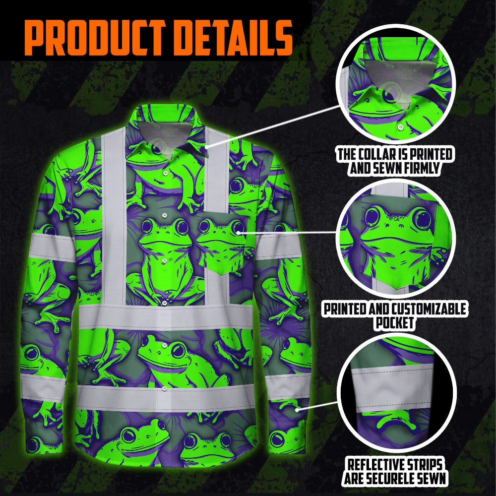 Hi Vis Hawaiian Long Sleeve Shirt Reflective Tapes Green Neon Violet Frog Custom Name Safety Workwear For Workers, Truckers, Operators