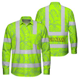 Hi Vis Hawaiian Long Sleeve Shirt Reflective Tapes Green Neon Flowers Custom Name Safety Workwear For Workers, Truckers, Operators