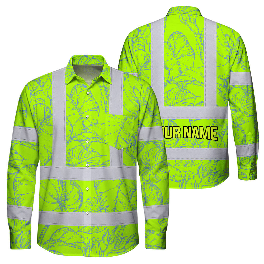 Hi Vis Hawaiian Long Sleeve Shirt Reflective Tapes Green Neon Flowers Custom Name Safety Workwear For Workers, Truckers, Operators