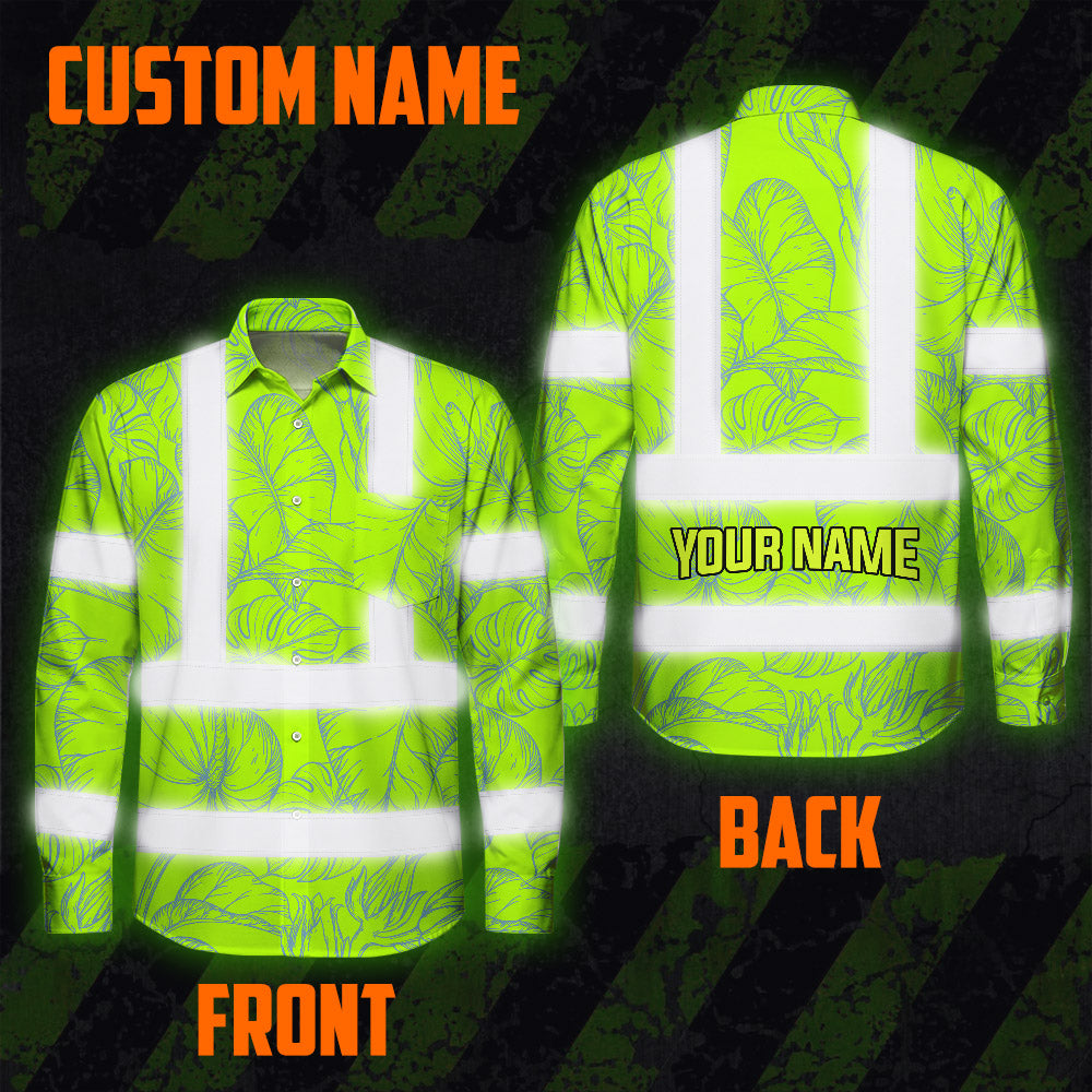 Hi Vis Hawaiian Long Sleeve Shirt Reflective Tapes Green Neon Flowers Custom Name Safety Workwear For Workers, Truckers, Operators