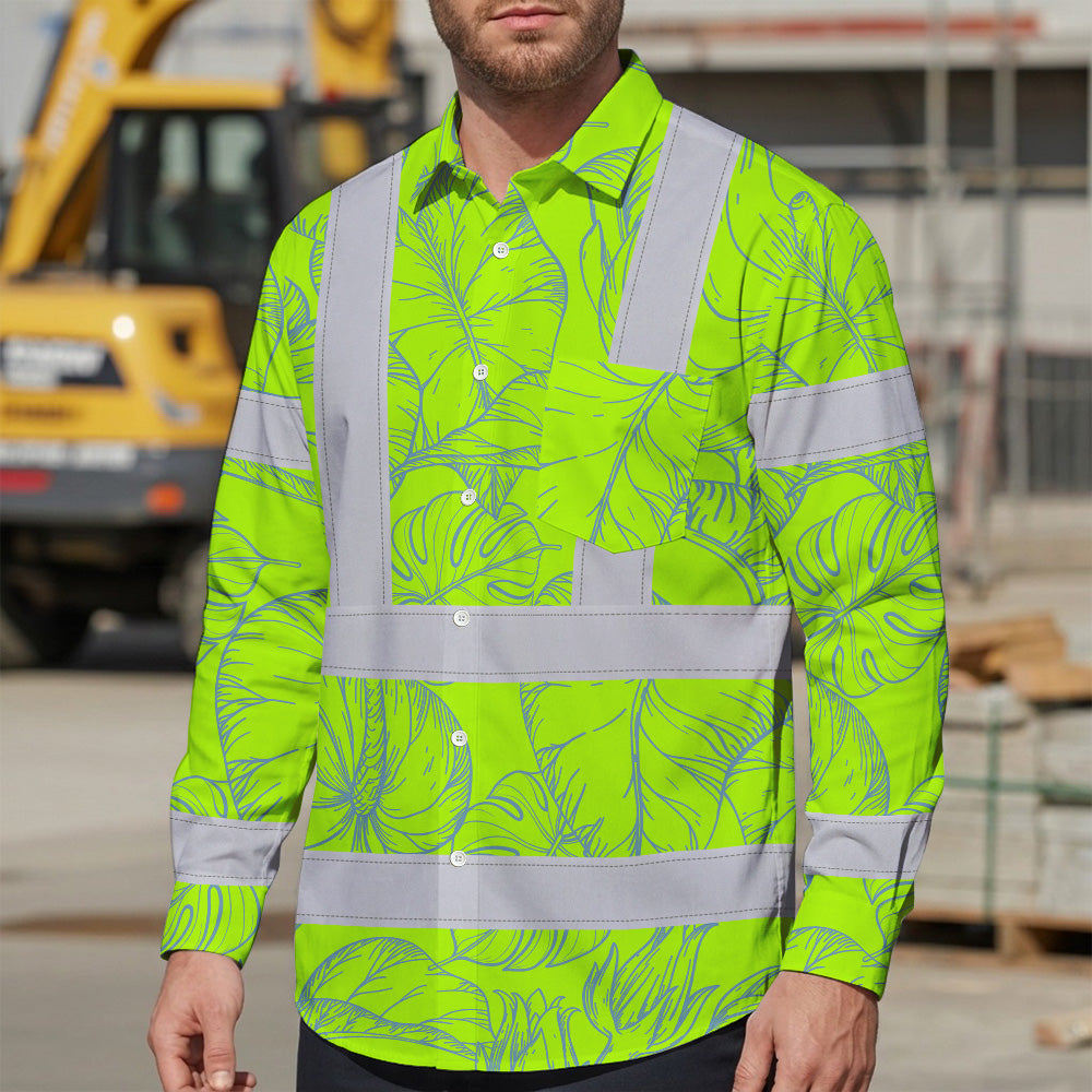 Hi Vis Hawaiian Long Sleeve Shirt Reflective Tapes Green Neon Flowers Custom Name Safety Workwear For Workers, Truckers, Operators