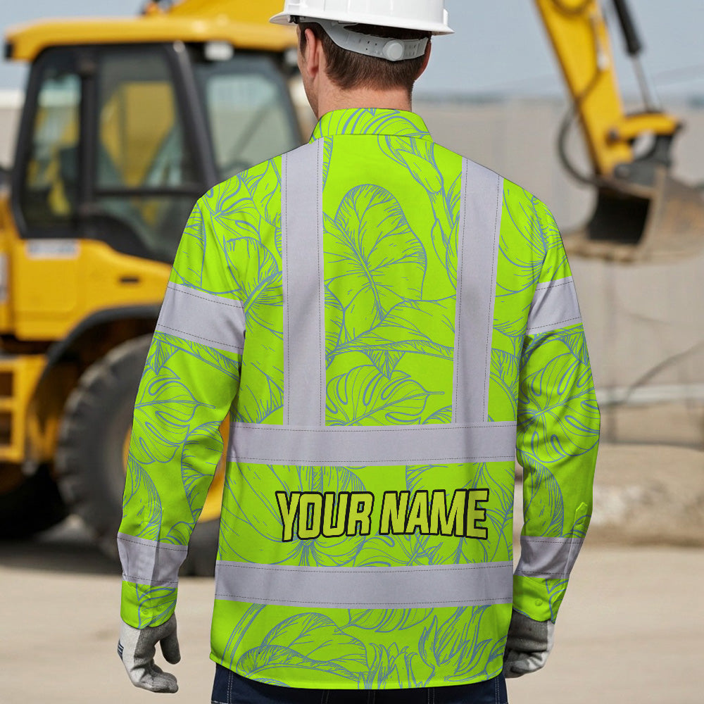 Hi Vis Hawaiian Long Sleeve Shirt Reflective Tapes Green Neon Flowers Custom Name Safety Workwear For Workers, Truckers, Operators