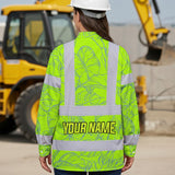 Hi Vis Hawaiian Long Sleeve Shirt Reflective Tapes Green Neon Flowers Custom Name Safety Workwear For Workers, Truckers, Operators