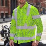 Hi Vis Hawaiian Long Sleeve Shirt Reflective Tapes Green Neon Flowers Custom Name Safety Workwear For Workers, Truckers, Operators