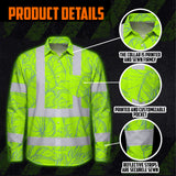 Hi Vis Hawaiian Long Sleeve Shirt Reflective Tapes Green Neon Flowers Custom Name Safety Workwear For Workers, Truckers, Operators
