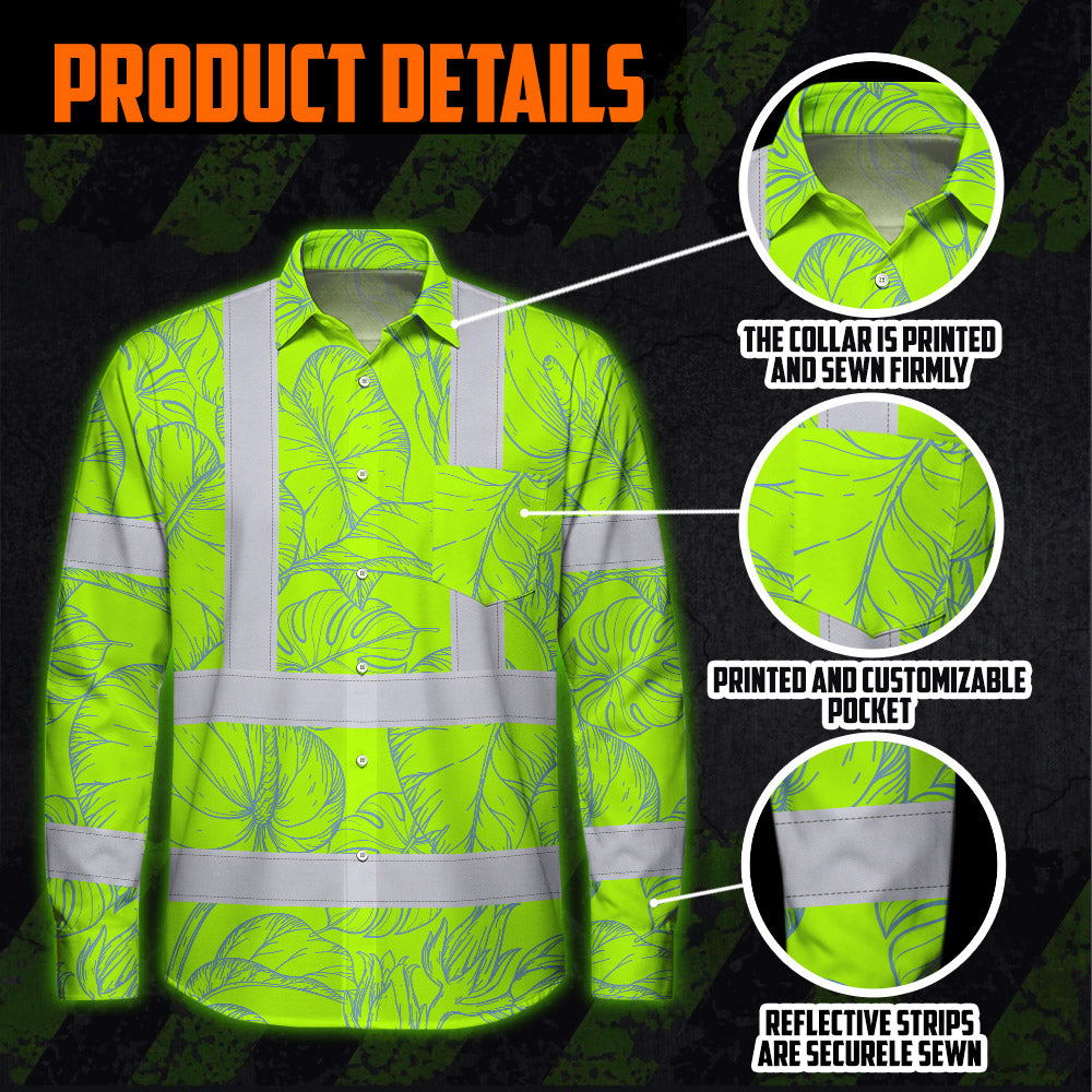 Hi Vis Hawaiian Long Sleeve Shirt Reflective Tapes Green Neon Flowers Custom Name Safety Workwear For Workers, Truckers, Operators