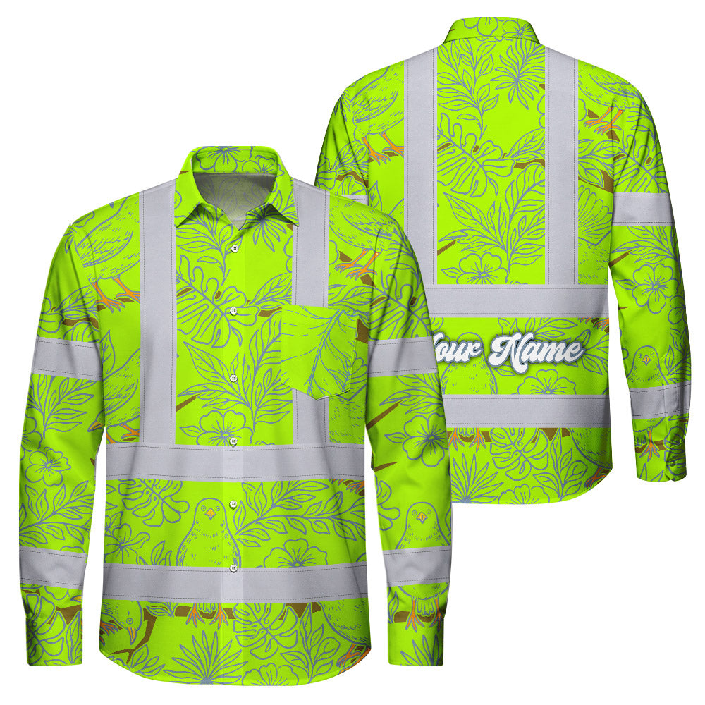 Hi Vis Hawaiian Long Sleeve Shirt Reflective Tapes Lime Neon White 2 Flowers Custom Name Safety Workwear For Workers, Truckers, Operators