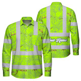 Hi Vis Hawaiian Long Sleeve Shirt Reflective Tapes Lime Neon White 2 Flowers Custom Name Safety Workwear For Workers, Truckers, Operators