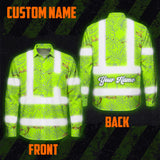 Hi Vis Hawaiian Long Sleeve Shirt Reflective Tapes Lime Neon White 2 Flowers Custom Name Safety Workwear For Workers, Truckers, Operators