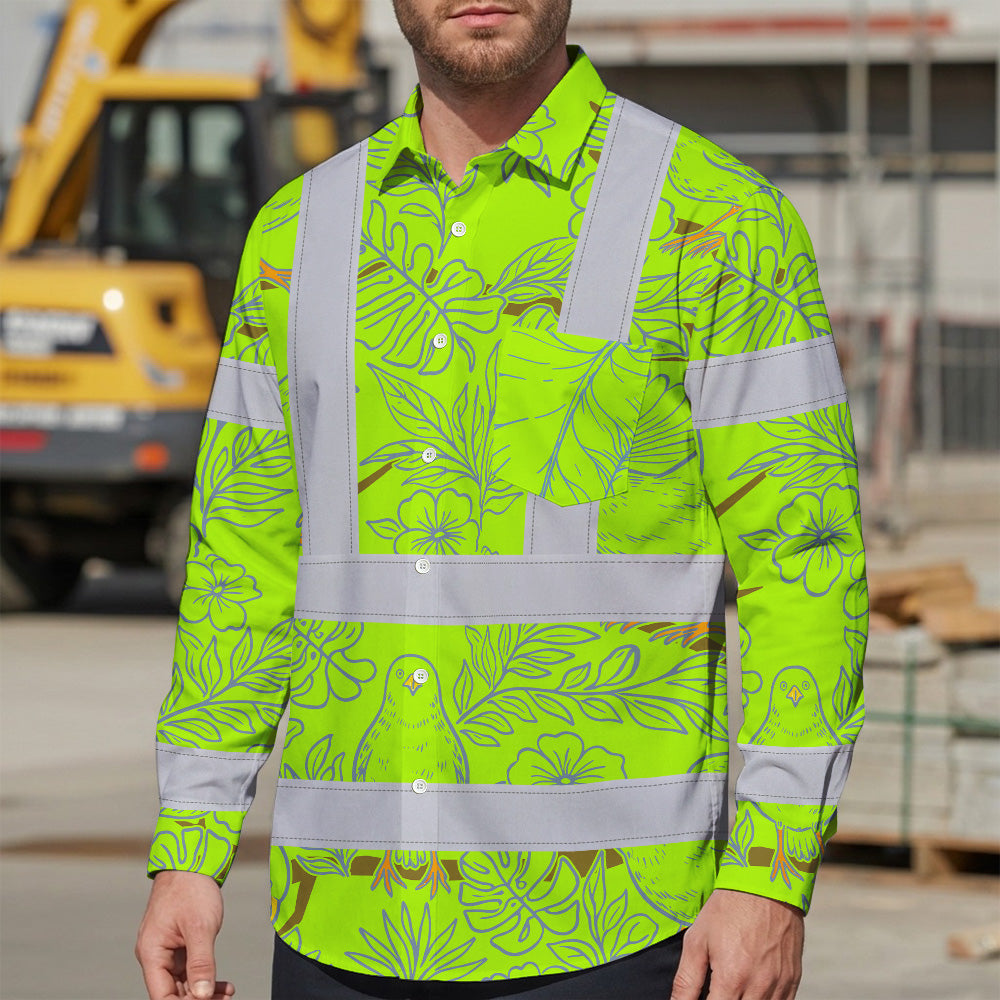 Hi Vis Hawaiian Long Sleeve Shirt Reflective Tapes Lime Neon White 2 Flowers Custom Name Safety Workwear For Workers, Truckers, Operators