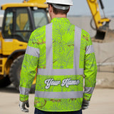 Hi Vis Hawaiian Long Sleeve Shirt Reflective Tapes Lime Neon White 2 Flowers Custom Name Safety Workwear For Workers, Truckers, Operators