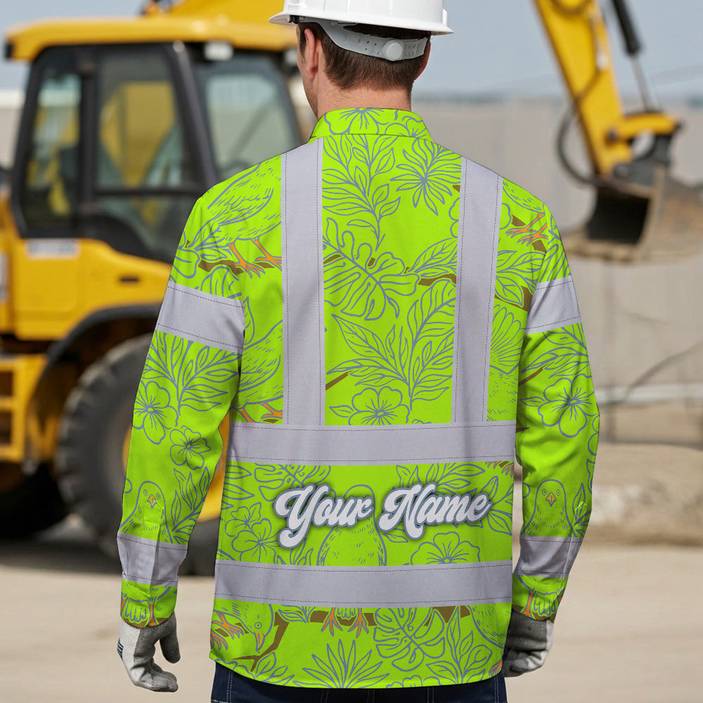 Hi Vis Hawaiian Long Sleeve Shirt Reflective Tapes Lime Neon White 2 Flowers Custom Name Safety Workwear For Workers, Truckers, Operators