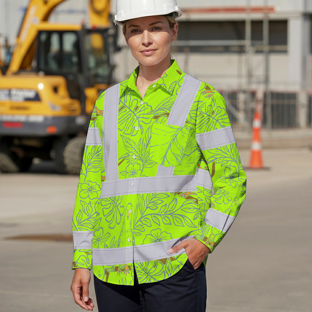 Hi Vis Hawaiian Long Sleeve Shirt Reflective Tapes Lime Neon White 2 Flowers Custom Name Safety Workwear For Workers, Truckers, Operators