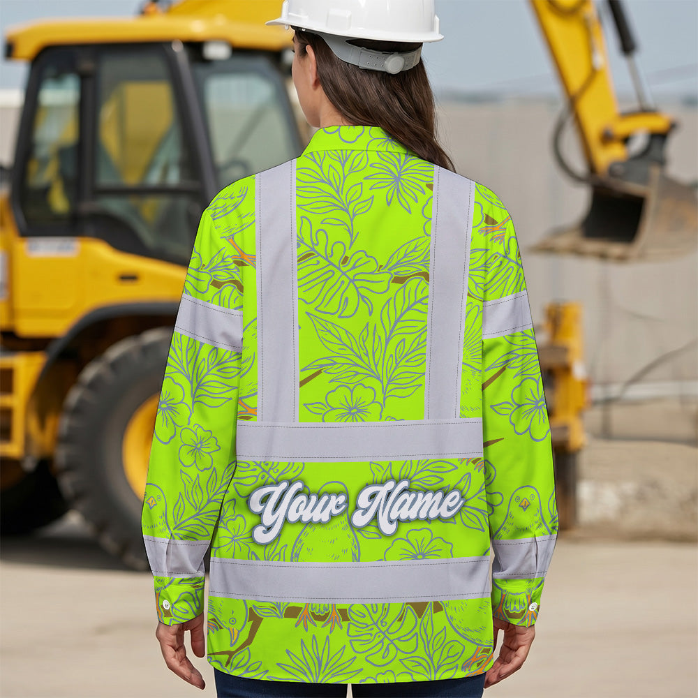 Hi Vis Hawaiian Long Sleeve Shirt Reflective Tapes Lime Neon White 2 Flowers Custom Name Safety Workwear For Workers, Truckers, Operators