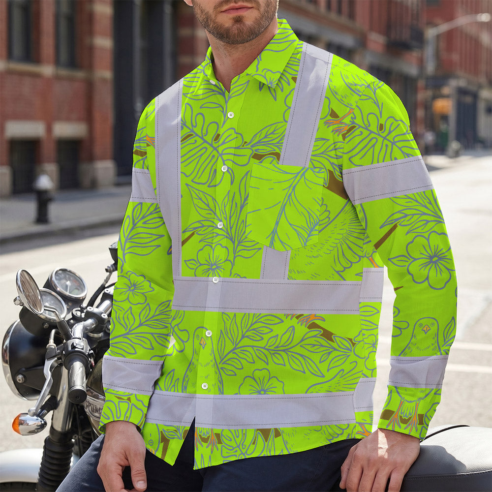 Hi Vis Hawaiian Long Sleeve Shirt Reflective Tapes Lime Neon White 2 Flowers Custom Name Safety Workwear For Workers, Truckers, Operators