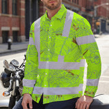 Hi Vis Hawaiian Long Sleeve Shirt Reflective Tapes Lime Neon White 2 Flowers Custom Name Safety Workwear For Workers, Truckers, Operators