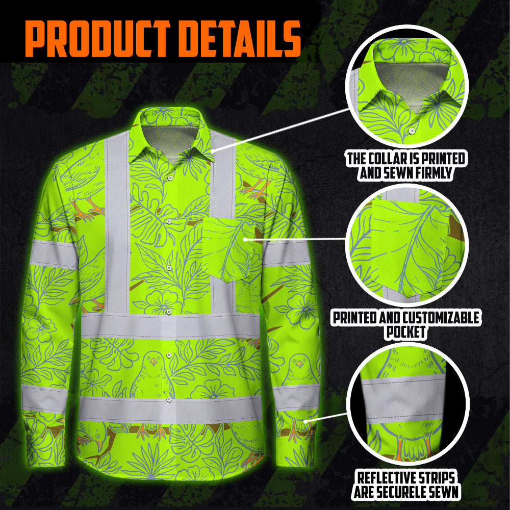 Hi Vis Hawaiian Long Sleeve Shirt Reflective Tapes Lime Neon White 2 Flowers Custom Name Safety Workwear For Workers, Truckers, Operators