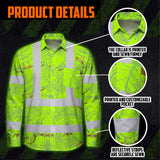 Hi Vis Hawaiian Long Sleeve Shirt Reflective Tapes Lime Neon White 2 Flowers Custom Name Safety Workwear For Workers, Truckers, Operators