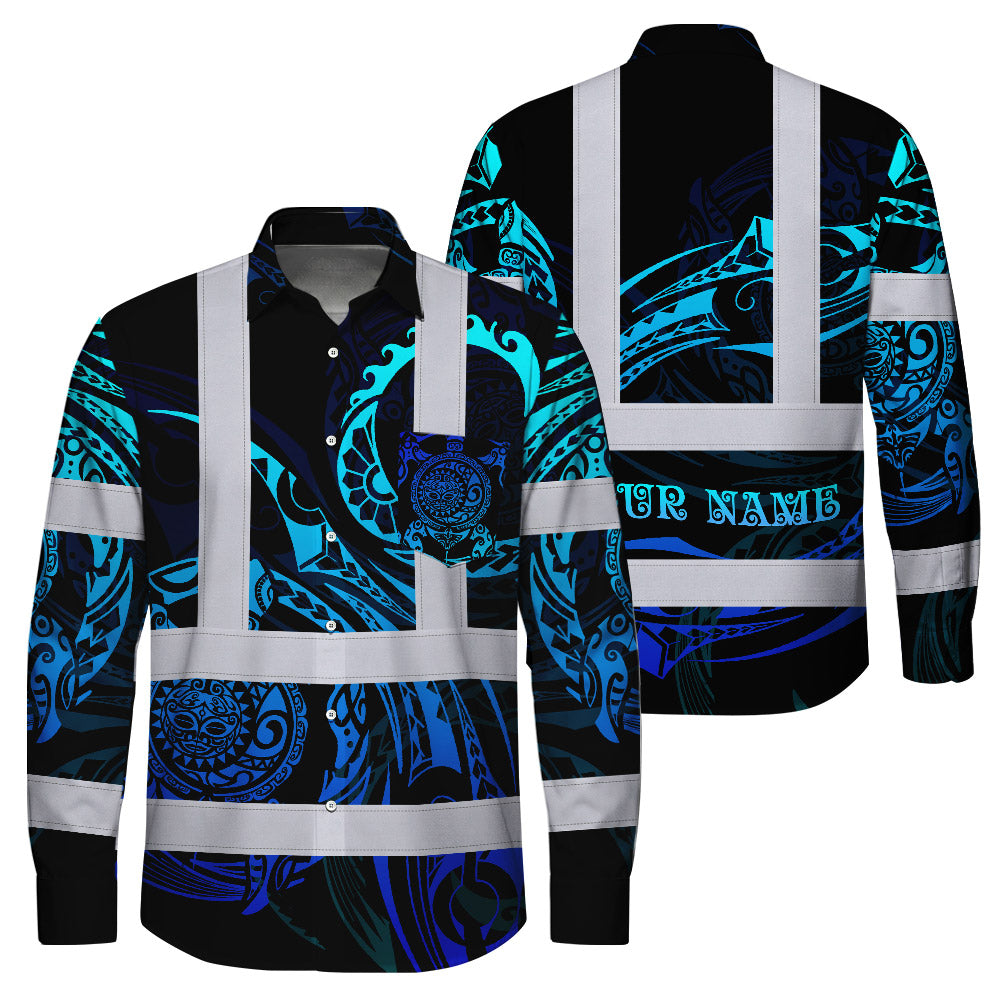 Hi Vis Hawaiian Long Sleeve Shirt Reflective Tapes Gradient Turtle Hawaiian Polynesian Tribal Custom Name Safety Workwear For Workers, Truckers, Operators