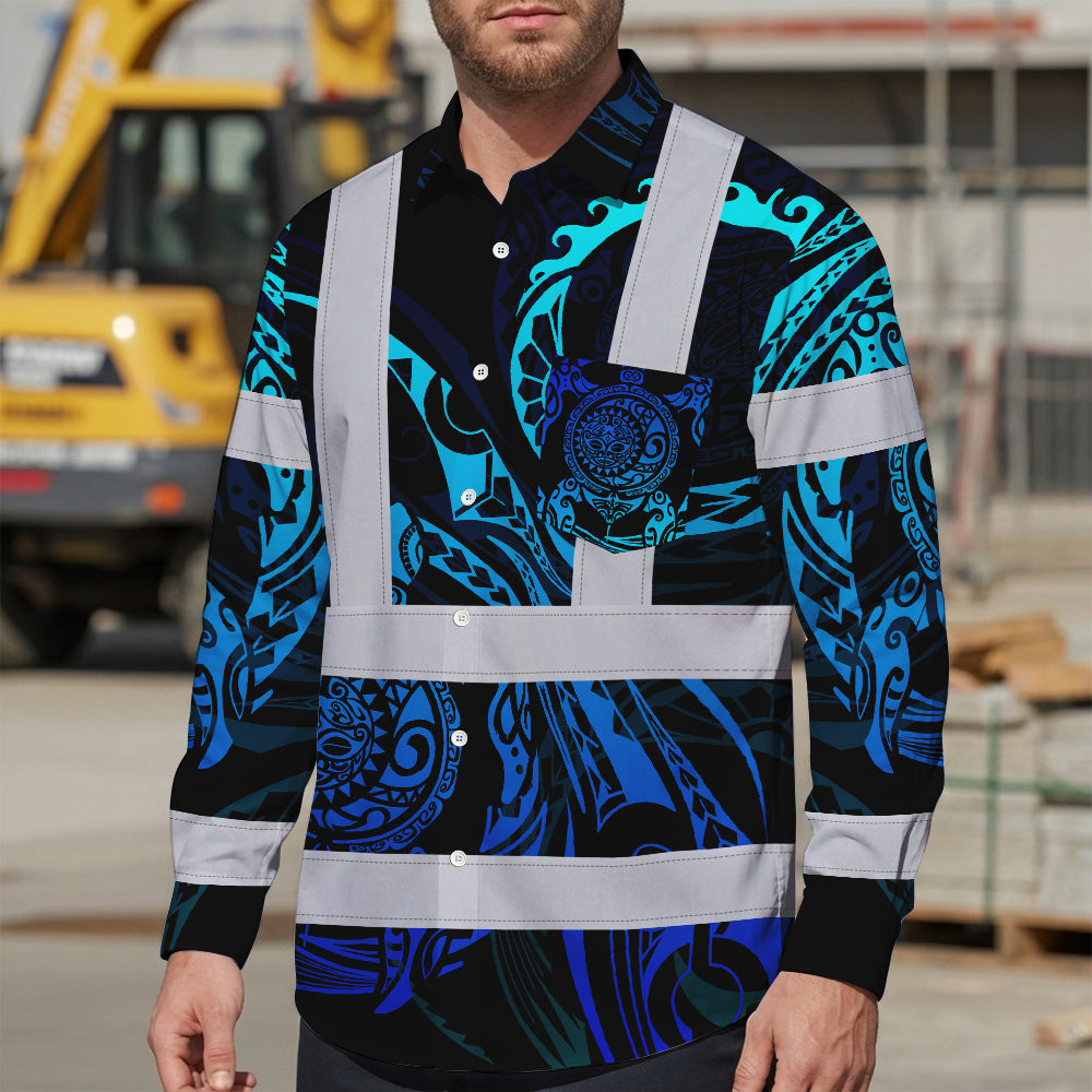 Hi Vis Hawaiian Long Sleeve Shirt Reflective Tapes Gradient Turtle Hawaiian Polynesian Tribal Custom Name Safety Workwear For Workers, Truckers, Operators