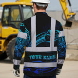 Hi Vis Hawaiian Long Sleeve Shirt Reflective Tapes Gradient Turtle Hawaiian Polynesian Tribal Custom Name Safety Workwear For Workers, Truckers, Operators