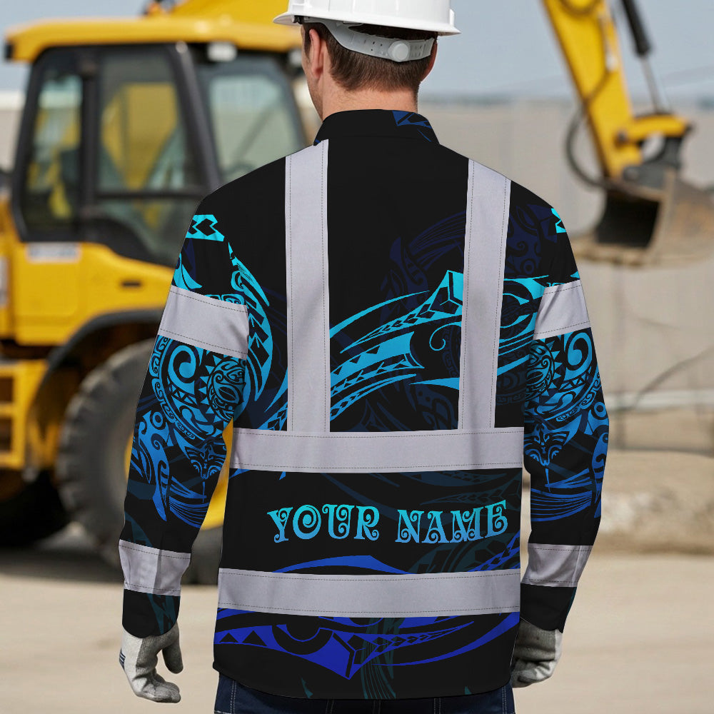 Hi Vis Hawaiian Long Sleeve Shirt Reflective Tapes Gradient Turtle Hawaiian Polynesian Tribal Custom Name Safety Workwear For Workers, Truckers, Operators