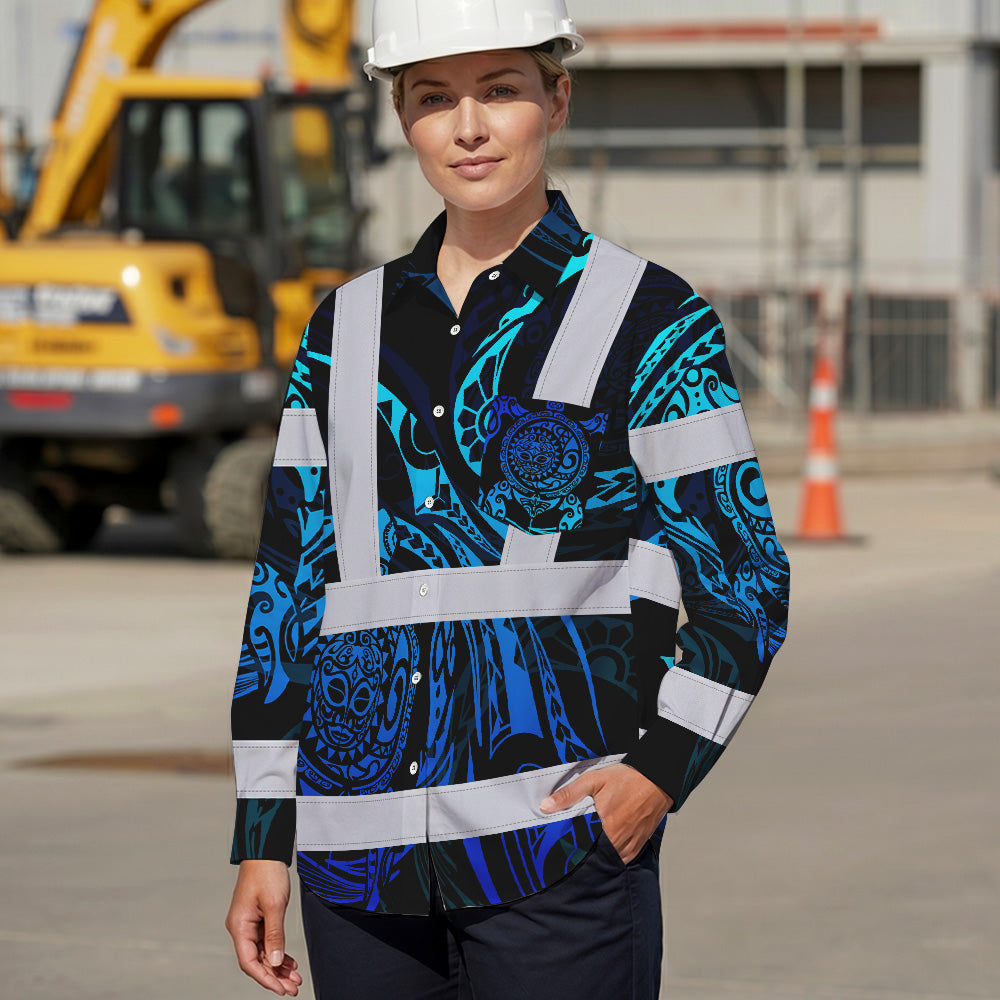 Hi Vis Hawaiian Long Sleeve Shirt Reflective Tapes Gradient Turtle Hawaiian Polynesian Tribal Custom Name Safety Workwear For Workers, Truckers, Operators